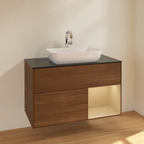 VILLEROY BOCH Toaletní stolek Finion, s osvětlením, 2 výsuvy, 1000 x 603 x 501 mm, ořechová dýha / dubová dýha / sklo černé matné #F782PCGN, obrázek 2