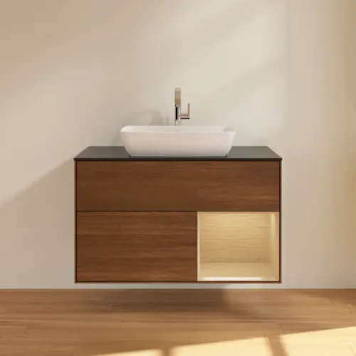 VILLEROY BOCH Toaletní stolek Finion, s osvětlením, 2 výsuvy, 1000 x 603 x 501 mm, ořechová dýha / dubová dýha / sklo černé matné #F782PCGN, obrázek 3