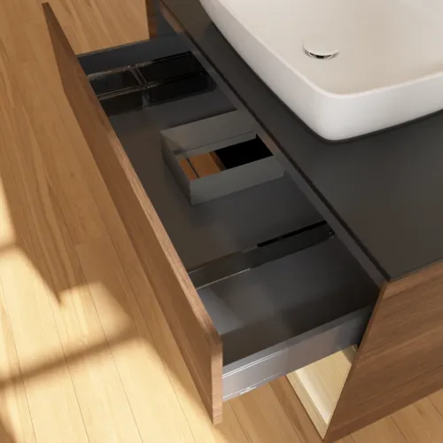 VILLEROY BOCH Toaletní stolek Finion, s osvětlením, 2 výsuvy, 1000 x 603 x 501 mm, ořechová dýha / dubová dýha / sklo černé matné #F782PCGN, obrázek 8