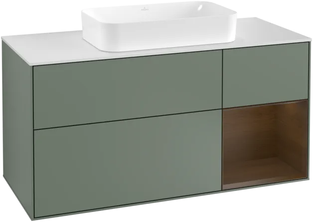 VILLEROY BOCH Toaletní skříňka Finion, s osvětlením, 3 výsuvy, 1200 x 603 x 501 mm, olivový matný lak / ořechová dýha / sklo bílé matné #F301GNGM