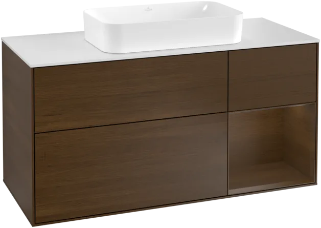VILLEROY BOCH Toaletní skříňka Finion, s osvětlením, 3 výsuvy, 1200 x 603 x 501 mm, ořechová dýha / ořechová dýha / sklo bílé matné #F301GNGN