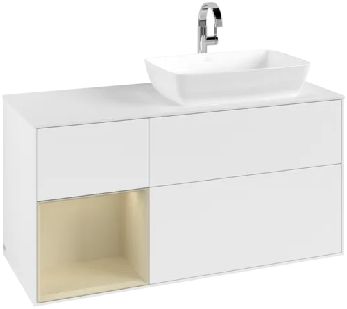VILLEROY BOCH Toaletní skříňka Finion, s osvětlením, 3 výsuvy, 1200 x 603 x 501 mm, bílý matný lak / hedvábně šedý matný lak / bílé matné sklo #F801HJMT