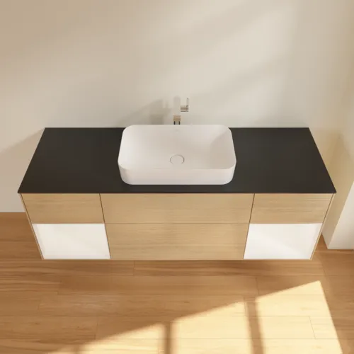 VILLEROY BOCH Toaletní skříňka Finion, s osvětlením, 4 výsuvy, 1600 x 603 x 501 mm, dubová dýha / bílý matný lak / černé matné sklo #F332MTPC, obrázek 4