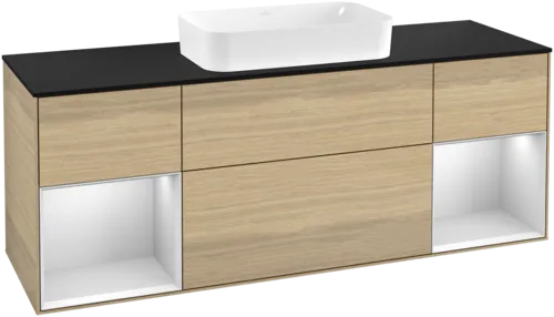 VILLEROY BOCH Toaletní skříňka Finion, s osvětlením, 4 výsuvy, 1600 x 603 x 501 mm, dubová dýha / bílý matný lak / černé matné sklo #F332MTPC