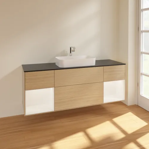 VILLEROY BOCH Toaletní skříňka Finion, s osvětlením, 4 výsuvy, 1600 x 603 x 501 mm, dubová dýha / bílý matný lak / černé matné sklo #F332MTPC, obrázek 2