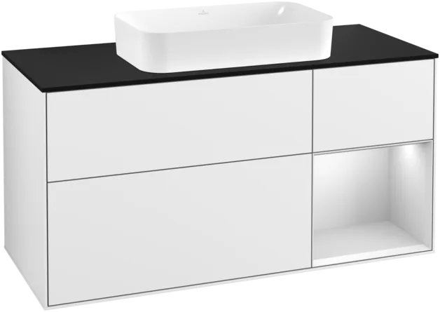 VILLEROY BOCH Toaletní skříňka Finion, s osvětlením, 3 výsuvy, 1200 x 603 x 501 mm, lesklý bílý lak / bílý matný lak / sklo černé matné #F302MTGF