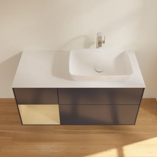 VILLEROY BOCH Toaletní skříňka Finion, s osvětlením, 3 výsuvy, 1200 x 603 x 501 mm, matný lak Midnight Blue / dubová dýha / matné bílé sklo #F801PCHG, obrázek 3