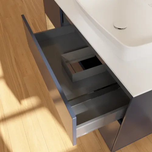 VILLEROY BOCH Toaletní skříňka Finion, s osvětlením, 3 výsuvy, 1200 x 603 x 501 mm, matný lak Midnight Blue / dubová dýha / matné bílé sklo #F801PCHG, obrázek 7