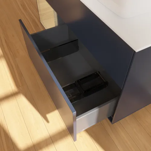 VILLEROY BOCH Toaletní skříňka Finion, s osvětlením, 3 výsuvy, 1200 x 603 x 501 mm, matný lak Midnight Blue / dubová dýha / matné bílé sklo #F801PCHG, obrázek 6