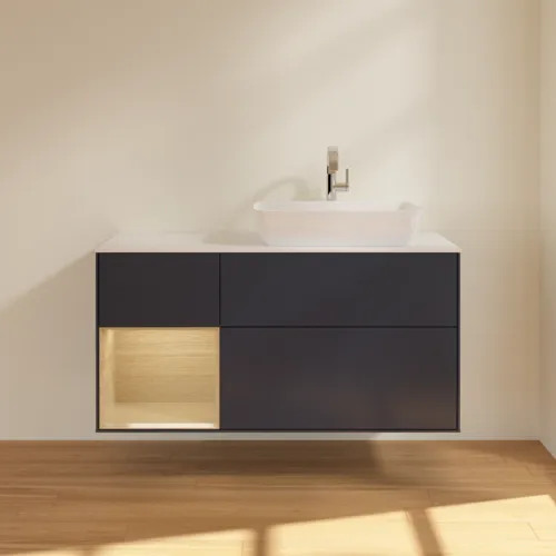VILLEROY BOCH Toaletní skříňka Finion, s osvětlením, 3 výsuvy, 1200 x 603 x 501 mm, matný lak Midnight Blue / dubová dýha / matné bílé sklo #F801PCHG, obrázek 2