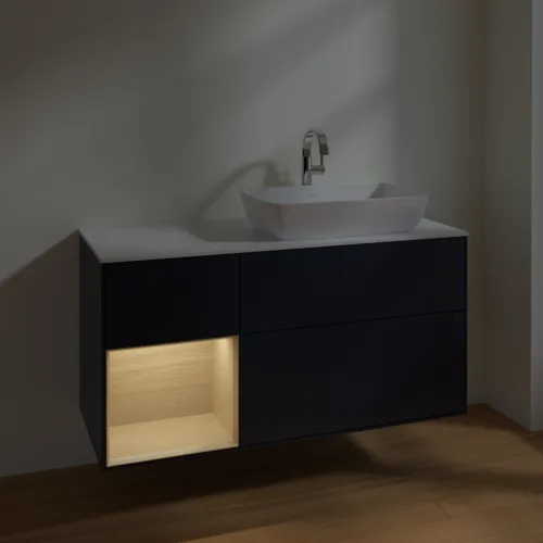 VILLEROY BOCH Toaletní skříňka Finion, s osvětlením, 3 výsuvy, 1200 x 603 x 501 mm, matný lak Midnight Blue / dubová dýha / matné bílé sklo #F801PCHG, obrázek 4