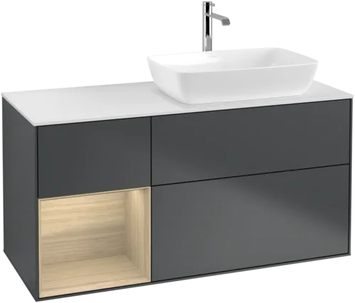 VILLEROY BOCH Toaletní skříňka Finion, s osvětlením, 3 výsuvy, 1200 x 603 x 501 mm, matný lak Midnight Blue / dubová dýha / matné bílé sklo #F801PCHG