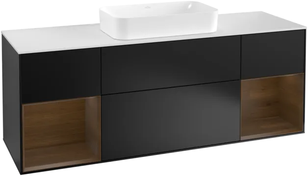 VILLEROY BOCH Toaletní skříňka Finion, s osvětlením, 4 výsuvy, 1600 x 603 x 501 mm, černý matný lak / ořechová dýha / sklo bílé matné #F331GNPD