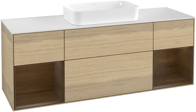 VILLEROY BOCH Toaletní skříňka Finion, s osvětlením, 4 výsuvy, 1600 x 603 x 501 mm, dubová dýha / ořechová dýha / sklo bílé matné #F331GNPC