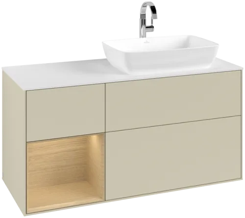 VILLEROY BOCH Toaletní skříňka Finion, s osvětlením, 3 výsuvy, 1200 x 603 x 501 mm, hedvábně šedý matný lak / dubová dýha / bílé matné sklo #F801PCHJ
