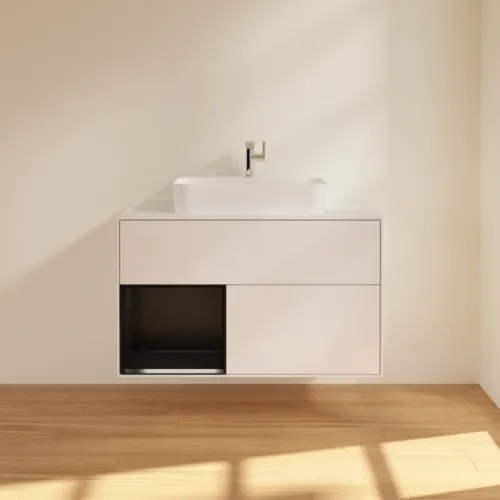 VILLEROY BOCH Umyvadlová skříňka Finion, s osvětlením, 2 výsuvy, 1000 x 603 x 501 mm, lesklý bílý lak / černý matný lak / bílé matné sklo #F361PDGF, obrázek 3