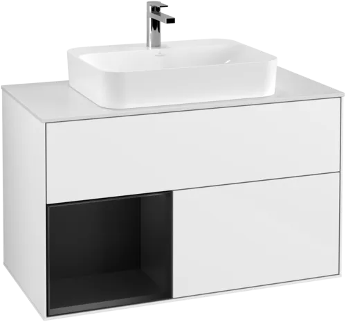 VILLEROY BOCH Umyvadlová skříňka Finion, s osvětlením, 2 výsuvy, 1000 x 603 x 501 mm, lesklý bílý lak / černý matný lak / bílé matné sklo #F361PDGF, obrázek 1