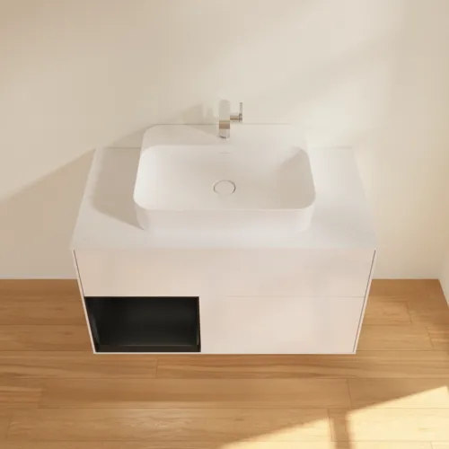VILLEROY BOCH Umyvadlová skříňka Finion, s osvětlením, 2 výsuvy, 1000 x 603 x 501 mm, lesklý bílý lak / černý matný lak / bílé matné sklo #F361PDGF, obrázek 4
