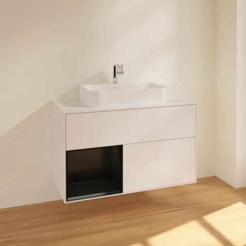 VILLEROY BOCH Umyvadlová skříňka Finion, s osvětlením, 2 výsuvy, 1000 x 603 x 501 mm, lesklý bílý lak / černý matný lak / bílé matné sklo #F361PDGF, obrázek 2