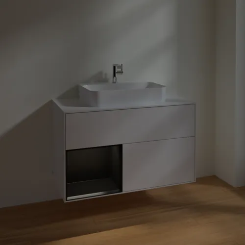 VILLEROY BOCH Umyvadlová skříňka Finion, s osvětlením, 2 výsuvy, 1000 x 603 x 501 mm, lesklý bílý lak / černý matný lak / bílé matné sklo #F361PDGF, obrázek 5