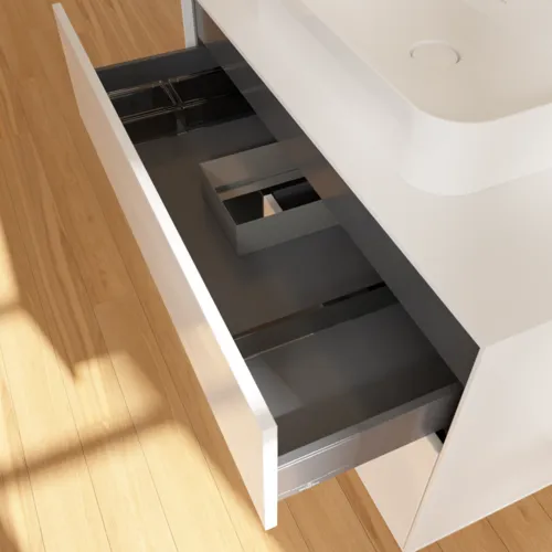 VILLEROY BOCH Umyvadlová skříňka Finion, s osvětlením, 2 výsuvy, 1000 x 603 x 501 mm, lesklý bílý lak / černý matný lak / bílé matné sklo #F361PDGF, obrázek 8