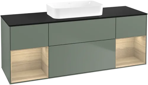 VILLEROY BOCH Toaletní skříňka Finion, s osvětlením, 4 výsuvy, 1600 x 603 x 501 mm, olivový matný lak / dubová dýha / sklo černé matné #F742PCGM