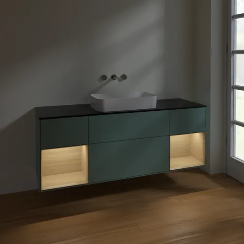 VILLEROY BOCH Toaletní skříňka Finion, s osvětlením, 4 výsuvy, 1600 x 603 x 501 mm, olivový matný lak / dubová dýha / sklo černé matné #F742PCGM, obrázek 5