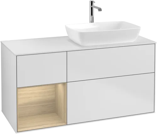 VILLEROY BOCH Toaletní skříňka Finion, s osvětlením, 3 výsuvy, 1200 x 603 x 501 mm, bílý matný lak / dubová dýha / sklo bílé matné #F801PCMT