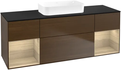 VILLEROY BOCH Toaletní skříňka Finion, s osvětlením, 4 výsuvy, 1600 x 603 x 501 mm, ořechová dýha / dubová dýha / sklo černé matné #F742PCGN