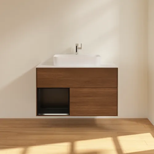 VILLEROY BOCH Toaletní stolek Finion, s osvětlením, 2 výsuvy, 1000 x 603 x 501 mm, ořechová dýha / černý matný lak / sklo bílé matné #F361PDGN, obrázek 3