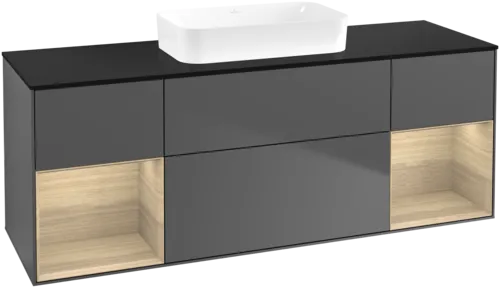 VILLEROY BOCH Toaletní skříňka Finion, s osvětlením, 4 výsuvy, 1600 x 603 x 501 mm, antracitový matný lak / dubová dýha / černé matné sklo #F742PCGK