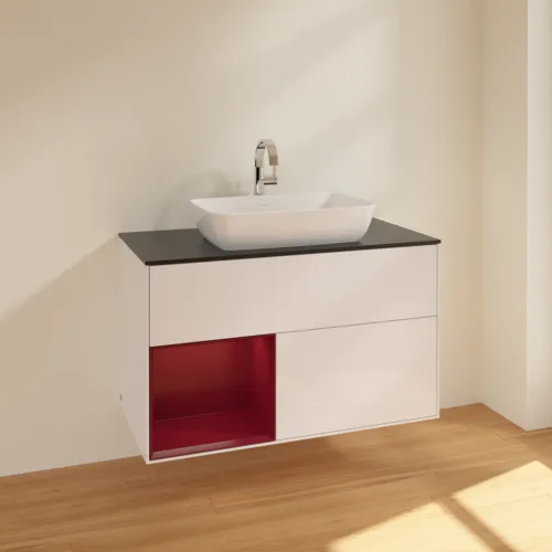 VILLEROY BOCH Toaletní skříňka Finion, s osvětlením, 2 výsuvy, 1000 x 603 x 501 mm, lesklý bílý lak / matný lak Pivoňka / matné černé sklo #F772HBGF, obrázek 2
