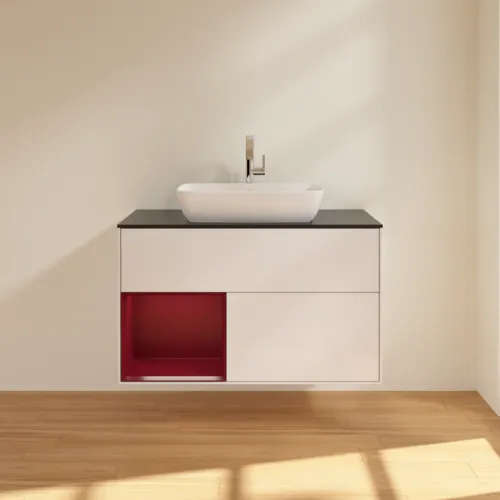 VILLEROY BOCH Toaletní skříňka Finion, s osvětlením, 2 výsuvy, 1000 x 603 x 501 mm, lesklý bílý lak / matný lak Pivoňka / matné černé sklo #F772HBGF, obrázek 3