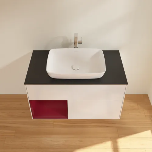 VILLEROY BOCH Toaletní skříňka Finion, s osvětlením, 2 výsuvy, 1000 x 603 x 501 mm, lesklý bílý lak / matný lak Pivoňka / matné černé sklo #F772HBGF, obrázek 4