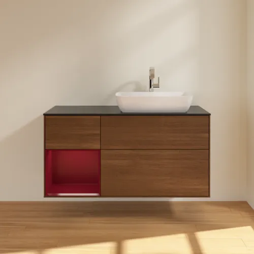 VILLEROY BOCH Toaletní skříňka Finion, s osvětlením, 3 výsuvy, 1200 x 603 x 501 mm, ořechová dýha / matný lak Pivoňka / černé matné sklo #F802HBGN, obrázek 3