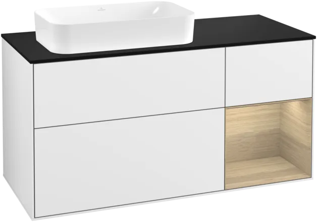VILLEROY BOCH Toaletní skříňka Finion, s osvětlením, 3 výsuvy, 1200 x 603 x 501 mm, lesklý bílý lak / dubová dýha / černé matné sklo #F282PCGF