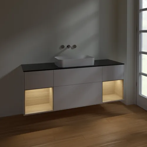 VILLEROY BOCH Toaletní skříňka Finion, s osvětlením, 4 výsuvy, 1600 x 603 x 501 mm, lesklý bílý lak / dubová dýha / černé matné sklo #F742PCGF, obrázek 5