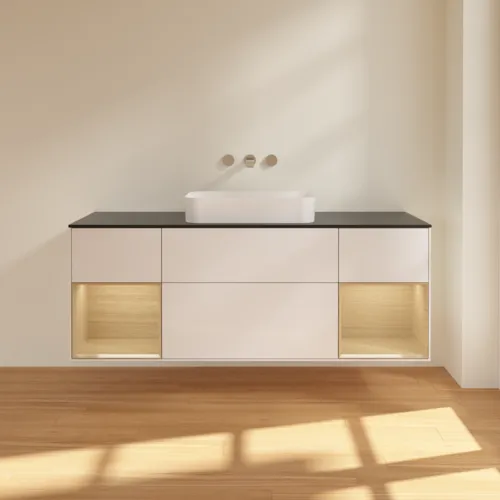 VILLEROY BOCH Toaletní skříňka Finion, s osvětlením, 4 výsuvy, 1600 x 603 x 501 mm, lesklý bílý lak / dubová dýha / černé matné sklo #F742PCGF, obrázek 3