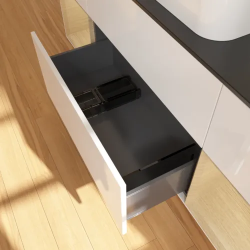 VILLEROY BOCH Toaletní skříňka Finion, s osvětlením, 4 výsuvy, 1600 x 603 x 501 mm, lesklý bílý lak / dubová dýha / černé matné sklo #F742PCGF, obrázek 7