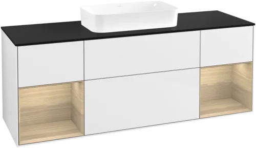 VILLEROY BOCH Toaletní skříňka Finion, s osvětlením, 4 výsuvy, 1600 x 603 x 501 mm, lesklý bílý lak / dubová dýha / černé matné sklo #F742PCGF