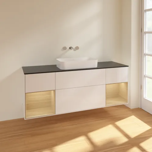 VILLEROY BOCH Toaletní skříňka Finion, s osvětlením, 4 výsuvy, 1600 x 603 x 501 mm, lesklý bílý lak / dubová dýha / černé matné sklo #F742PCGF, obrázek 2