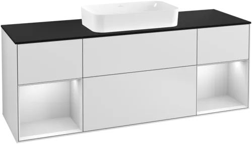 VILLEROY BOCH Toaletní skříňka Finion, s osvětlením, 4 výsuvy, 1600 x 603 x 501 mm, bílý matný lak / bílý matný lak / černé matné sklo #F332MTMT