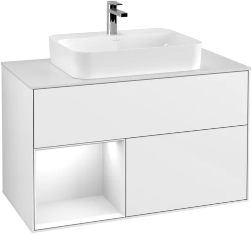 VILLEROY BOCH Toaletní skříňka Finion, s osvětlením, 2 výsuvy, 1000 x 603 x 501 mm, lesklý bílý lak / lesklý bílý lak / sklo bílé matné #F361GFGF, obrázek 1
