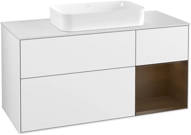 VILLEROY BOCH Toaletní skříňka Finion, s osvětlením, 3 výsuvy, 1200 x 603 x 501 mm, lesklý bílý lak / ořechová dýha / sklo bílé matné #F301GNGF