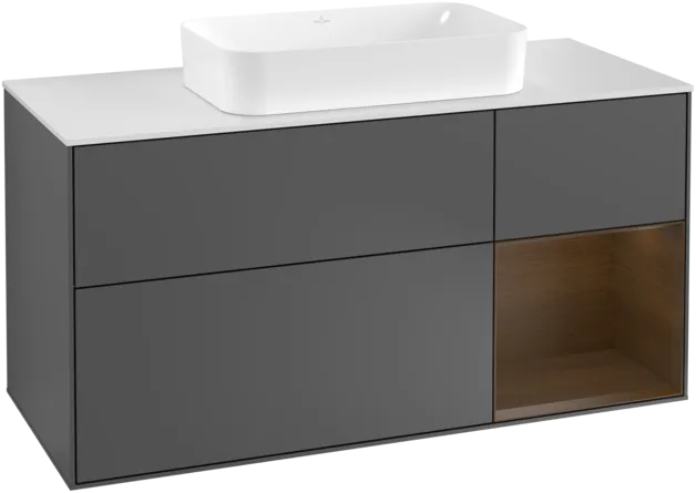 VILLEROY BOCH Toaletní skříňka Finion, s osvětlením, 3 výsuvy, 1200 x 603 x 501 mm, antracit matný lak / ořechová dýha / sklo bílé matné #F301GNGK