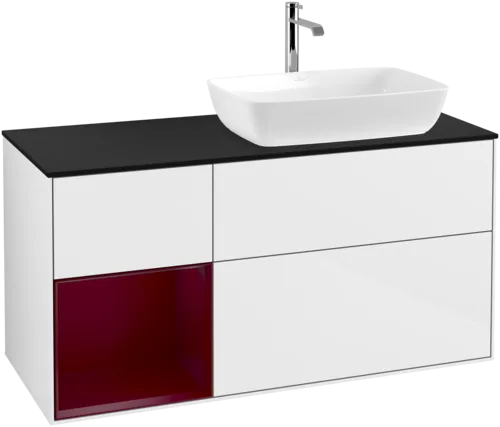VILLEROY BOCH Toaletní skříňka Finion, s osvětlením, 3 výsuvy, 1200 x 603 x 501 mm, lesklý bílý lak / matný lak Pivoňka / matné černé sklo #F802HBGF, obrázek 1
