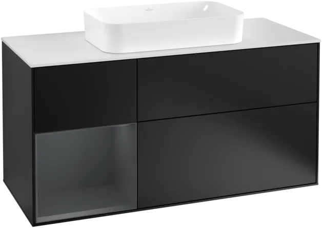 VILLEROY BOCH Toaletní skříňka Finion, s osvětlením, 3 výsuvy, 1200 x 603 x 501 mm, černý matný lak / půlnoční modrý matný lak / bílé matné sklo #F291HGPD