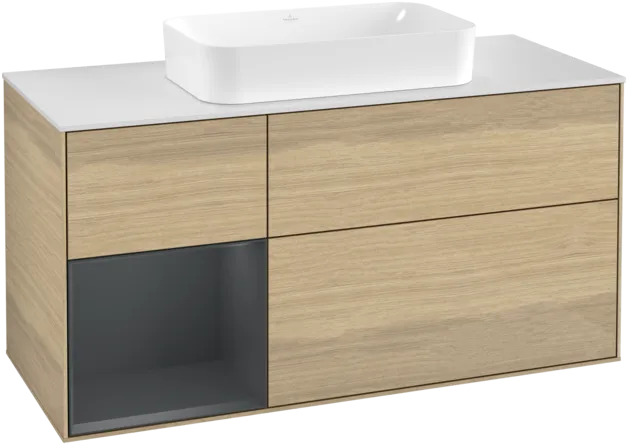 VILLEROY BOCH Toaletní skříňka Finion, s osvětlením, 3 výsuvy, 1200 x 603 x 501 mm, dubová dýha / půlnočně modrý matný lak / bílé matné sklo #F291HGPC