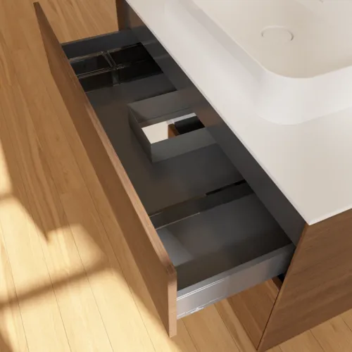 VILLEROY BOCH Toaletní stolek Finion, s osvětlením, 2 výsuvy, 1000 x 603 x 501 mm, ořechová dýha / lesklý bílý lak / sklo bílé matné #F361GFGN, obrázek 8
