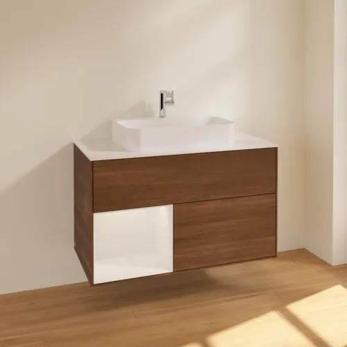 VILLEROY BOCH Toaletní stolek Finion, s osvětlením, 2 výsuvy, 1000 x 603 x 501 mm, ořechová dýha / lesklý bílý lak / sklo bílé matné #F361GFGN, obrázek 2